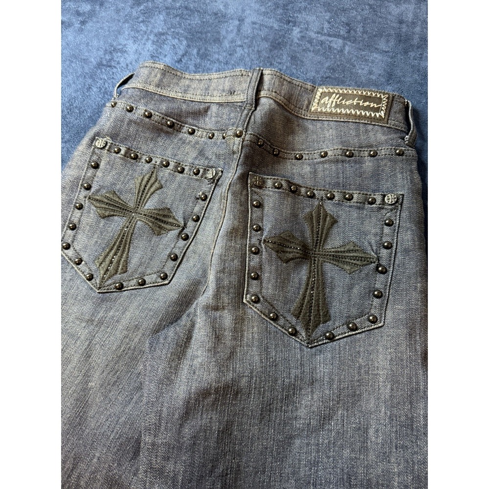 Affliction Straight Leg Jeans Womens Sz 24 (26) Studded Cross Dark Blue Wash